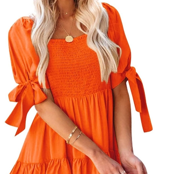 Smocked Mini Dress Square Neck Puff Sleeve Bow Tie Babydoll Dress Layered - Picture 2 of 6